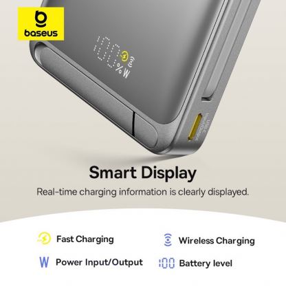 Външна батерия с вграден USB-C кабел, USB-C порт и Qi2 безжично зареждане - Baseus Nomos Qi2 Power Bank 10000 mAh 45W (сив) 7