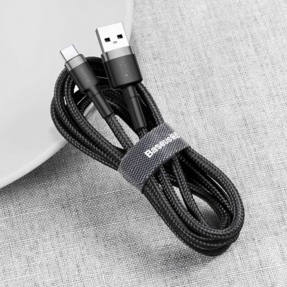 Кабел с въжена оплетка и бързо зареждане за устройства с USB-C порт - Baseus Cafule USB-A to USB-C Cable 3A (CATKLF-AG1) (черен-сив) (50 см) 3
