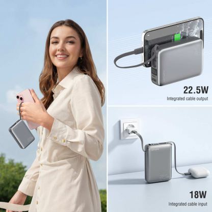 Външна батерия с вградени USB-C кабели, USB-A и USB-C портове - 4smarts Pocket Dual Cord 20000mAh 22.5W (тъмносив) 5