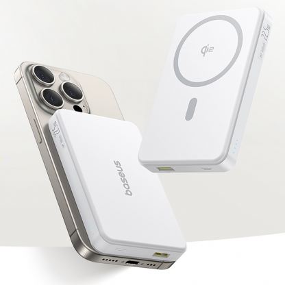 Външна батерия с USB-C порт, USB-A изход, безжично зареждане с MagSafe и вградена поставка - Baseus Airpow II Qi2 Magnetic Wireless Power Bank 10000 mAh 22.5W (бял) 2