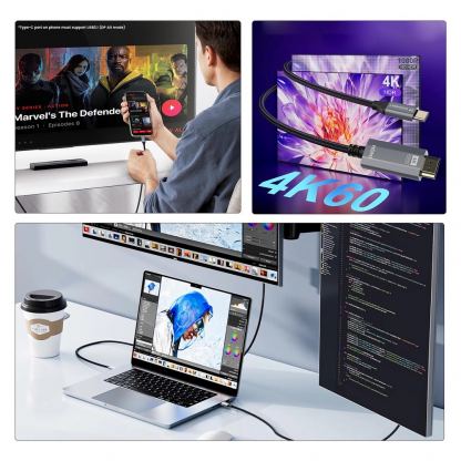 Кабел с поддръжка на 4K за свързване от USB-C към HDMI - Wozinsky WCCH-01 4K 60Hz USB-C to HDMI Cable (черен) (180 см) 3