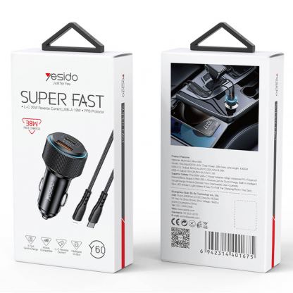 Зарядно за кола с USB-A, USB-C и Lightning изходи с технология за бързо зареждане и USB-C към Lightning кабел - Yesido Y60 Fast Car Charger 38W With Lightning cable (черен) 5