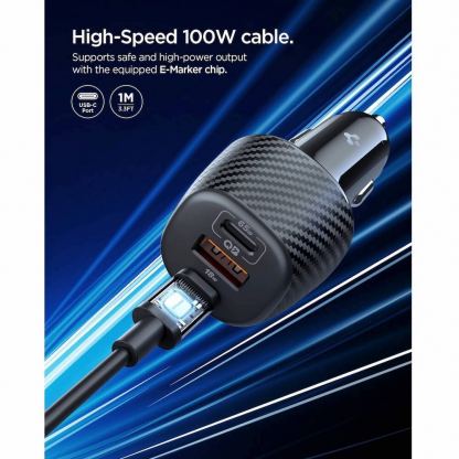 Зарядно за кола с 2xUSB-C и USB-A изходи с технология за бързо зареждане и USB-C към USB-C кабел - Spigen EV1133 Essential Triple Quick Car Charger 113W (черен) 3