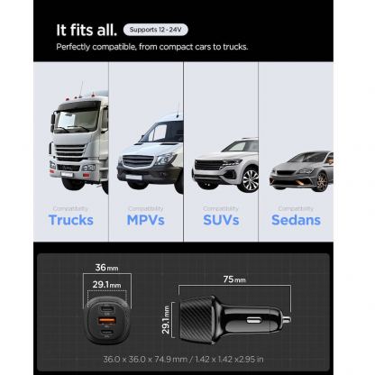 Зарядно за кола с 2xUSB-C и USB-A изходи с технология за бързо зареждане и USB-C към USB-C кабел - Spigen EV1133 Essential Triple Quick Car Charger 113W (черен) 4