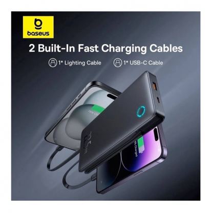 Външна батерия с вградени USB-C и Lightning кабели и USB-C, USB-A портове и технология за бързо зареждане - Baseus Airpow Lite Fast Charging Power Bank 22.5W 10000 mAh (P10067501123-00) (черен) 6