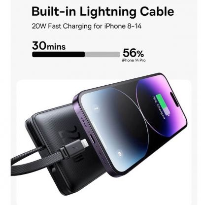 Външна батерия с вградени USB-C и Lightning кабели и USB-C, USB-A портове и технология за бързо зареждане - Baseus Airpow Lite Fast Charging Power Bank 22.5W 10000 mAh (P10067501123-00) (черен) 10