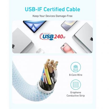 Кабел с бързо зареждане за устройства с USB-C порт - Anker Zolo USB-C to USB-C Cable 240W (180 см) (сив)  6