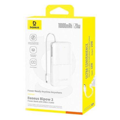 Външна батерия 10000 mAh с вграден USB-C кабел и 1xUSB-C, 1xUSB-A портове - Baseus Bipow 2 Digital Display Power Bank With USB-C Cable 20W 10000mAh (бял) 16