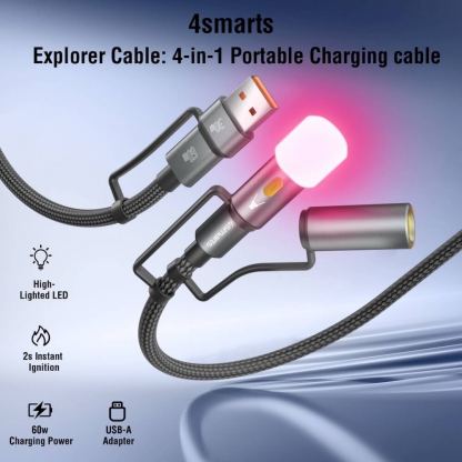 Кабел с бързо зареждане за устройства с USB-C порт, LED светлина и запалка и USB-C към USB-A адаптер - 4smarts 4-in-1 USB-C Cable Set Explorer 60W (100 см) (черен) 8
