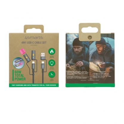 Кабел с бързо зареждане за устройства с USB-C порт, LED светлина и запалка и USB-C към USB-A адаптер - 4smarts 4-in-1 USB-C Cable Set Explorer 60W (100 см) (черен) 12