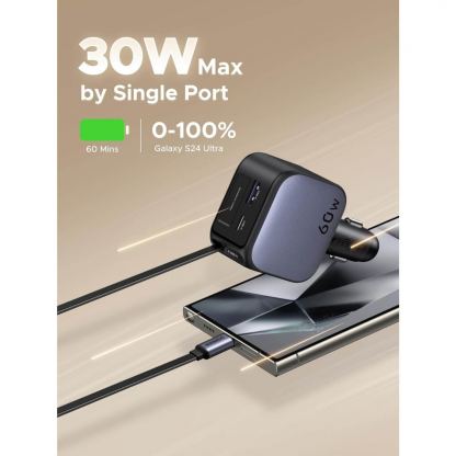 Зарядно за кола с вграден USB-C кабел и USB-A и USB-C изходи - Ugreen EC602 3 in 1 Fast Car Charger With USB-C Cable 60W (черен) 3