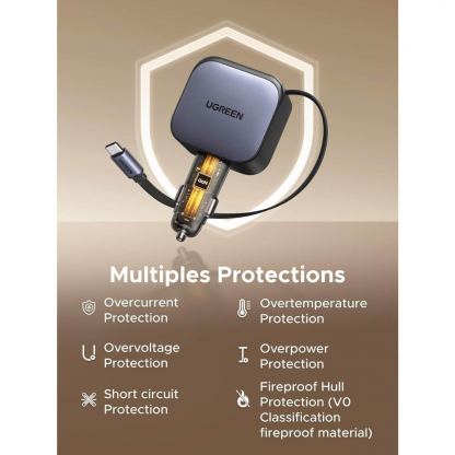 Зарядно за кола с вграден USB-C кабел и USB-A и USB-C изходи - Ugreen EC602 3 in 1 Fast Car Charger With USB-C Cable 60W (черен) 4