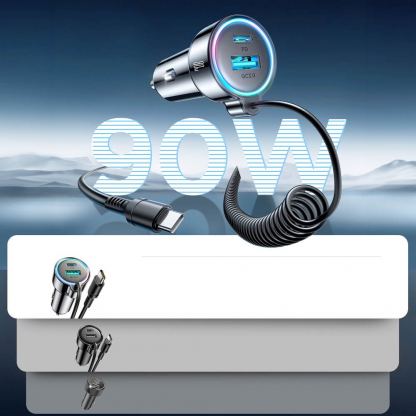 Зарядно за кола с вграден USB-C кабел и USB-A и USB-C изходи - Joyroom 3 in 1 Fast Car Charger With USB-C Cable 72W (черен) 6