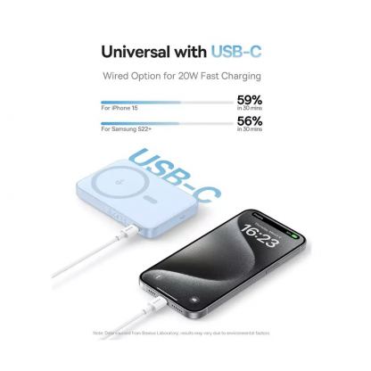 Преносима външна батерия с USB-C порт и безжично зареждане с MagSafe - Baseus PicoGo Qi2 Magnetic Wireless Charging Power Bank 5000 mAh 20W (син) 4