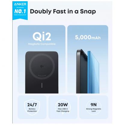 Преносима външна батерия с USB-C порт и безжично зареждане с MagSafe - Anker Qi2 Nano MagSafe Wireless Ultra Slim Power Bank 5000 mAh 15W (черен) 4