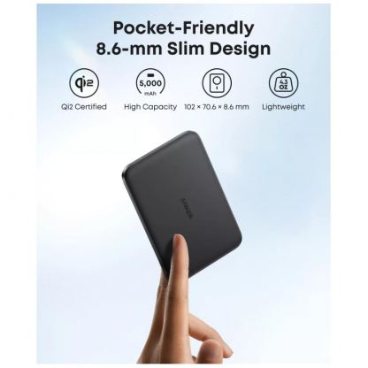 Преносима външна батерия с USB-C порт и безжично зареждане с MagSafe - Anker Qi2 Nano MagSafe Wireless Ultra Slim Power Bank 5000 mAh 15W (черен) 6