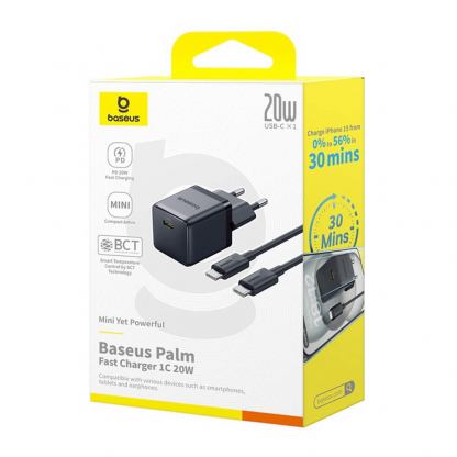 Захранване за ел. мрежа с USB-C изход с технология за бързо зареждане и USB-C към USB-C кабел - Baseus Palm 1C USB-C PD Wall Charger 20W With USB-C Cable (P10111602113-01) (черен) 12