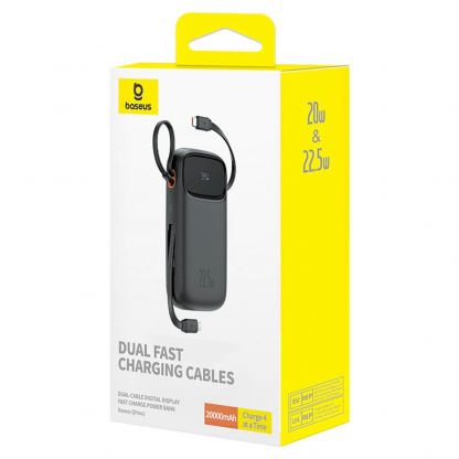 Външна батерия с вграден USB-C и Lightning кабел и USB-C, USB-А портове - Baseus Qpow2 Digital Display Power Bank With USB-C and Lightning cable 22.5W 20000 mAh (черен) 12