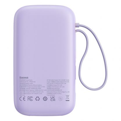 Външна батерия с вграден USB-C и Lightning кабел и USB-C, USB-А портове - Baseus Qpow2 Digital Display Power Bank With USB-C and Lightning cable 22.5W 20000 mAh (лилав) 3