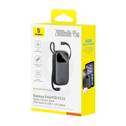  Външна батерия с вграден USB-C и Lightning кабел и USB-C, USB-А портове - Baseus EnerFill FC31 Qpow2 Power Bank With USB-C and Lightning cable 45W 20000 mAh (черен) 7