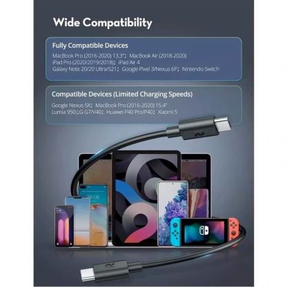 Здрав кабел с бързо зареждане за устройства с USB-C - RavPower RP-CB1021 USB-C to USB-C Cable 60W (100 см) (черен) 6