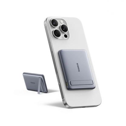 Ултратънка преносима външна батерия с USB-C изход и безжично зареждане с MagSafe - Baseus PicoGo AM31 Ultra Slim Qi2 Magnetic Wireless Charging Power Bank 5000 mAh 20W (сив) 4