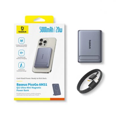 Ултратънка преносима външна батерия с USB-C изход и безжично зареждане с MagSafe - Baseus PicoGo AM31 Ultra Slim Qi2 Magnetic Wireless Charging Power Bank 5000 mAh 20W (сив) 6
