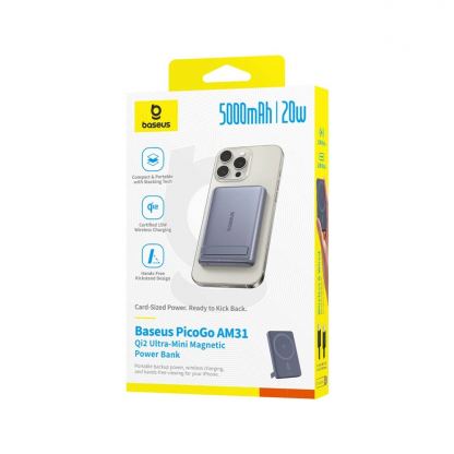 Ултратънка преносима външна батерия с USB-C изход и безжично зареждане с MagSafe - Baseus PicoGo AM31 Ultra Slim Qi2 Magnetic Wireless Charging Power Bank 5000 mAh 20W (сив) 7