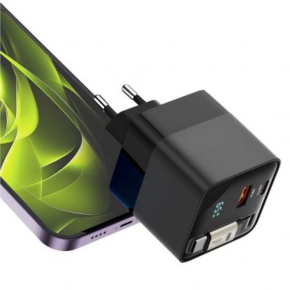 Захранване за ел. мрежа с USB-A и USB-C изходи и вграден USB-C кабел - Mobile Origin PW2 GaN Display Wall Charger 65W (черен) 5