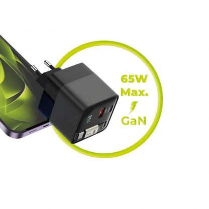 Захранване за ел. мрежа с USB-A и USB-C изходи и вграден USB-C кабел - Mobile Origin PW2 GaN Display Wall Charger 65W (черен) 7