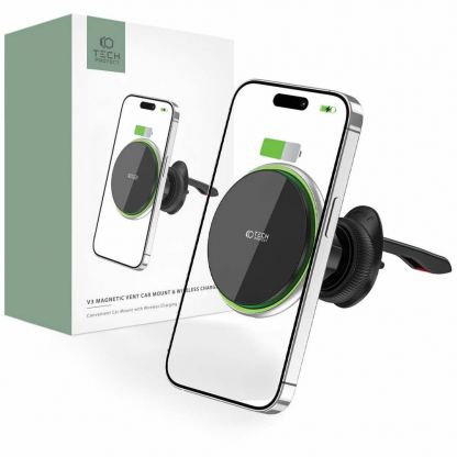Магнитна поставка за радиатора на кола с безжично зареждане за iPhone с MagSafe - Tech-Protect MM15W-V3 MagSafe Air Vent Car Mount 15W (черен) 7