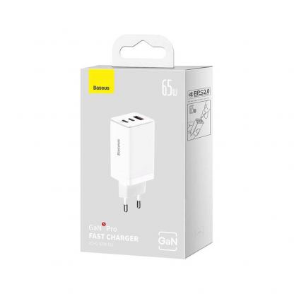 Захранване за ел. мрежа за лаптопи, смартфони и таблети с 2xUSB-C и 1xUSB-A изходи с технология за бързо зареждане - Baseus GaN 5 Pro Laptop Charger 65W (CCGP120202) (бял) 6