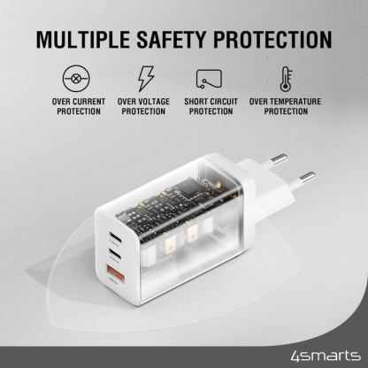 Захранване за ел. мрежа с USB-A и 2xUSB-C изходи с технология за бързо зареждане - 4smarts GaN Wall Charger PDPlug Trio 45W (бял) 8