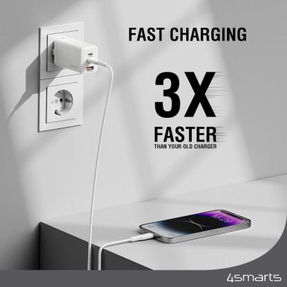 Захранване за ел. мрежа с USB-A и 2xUSB-C изходи с технология за бързо зареждане - 4smarts GaN Wall Charger PDPlug Trio 65W (бял) 5