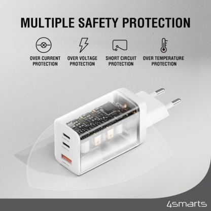 Захранване за ел. мрежа с USB-A и 2xUSB-C изходи с технология за бързо зареждане - 4smarts GaN Wall Charger PDPlug Trio 65W (бял) 8