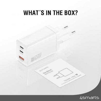 Захранване за ел. мрежа с USB-A и 2xUSB-C изходи с технология за бързо зареждане - 4smarts GaN Wall Charger PDPlug Trio 65W (бял) 11