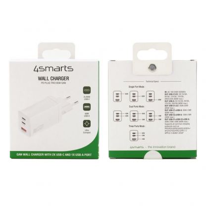 Захранване за ел. мрежа с USB-A и 2xUSB-C изходи с технология за бързо зареждане - 4smarts GaN Wall Charger PDPlug Trio 65W (бял) 12