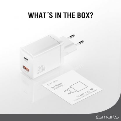 Захранване за ел. мрежа с USB-A и USB-C изходи и технология за бързо зареждане - 4smarts Wall Charger PDPlug Duos PD 30W (бял) 10