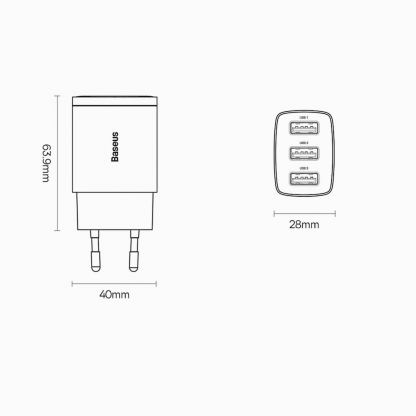 Захранване за ел. мрежа с 3xUSB-A изхода и технология за бързо зареждане - Baseus Compact Wall Charger 3U 17W (бял) 17