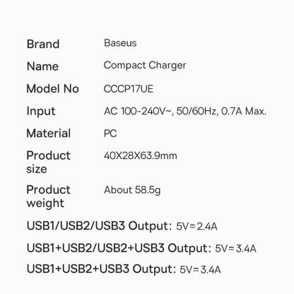 Захранване за ел. мрежа с 3xUSB-A изхода и технология за бързо зареждане - Baseus Compact Wall Charger 3U 17W (бял) 18