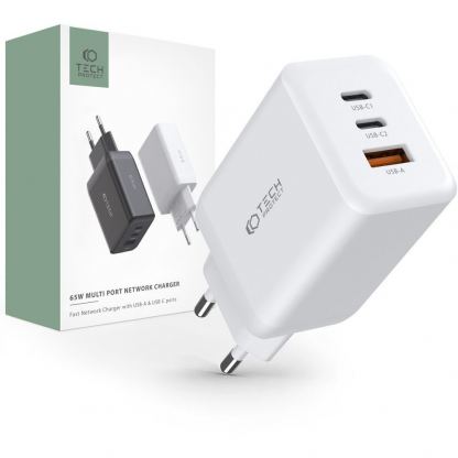 Захранване за ел. мрежа за лаптопи, смартфони и таблети с USB-A и 2xUSB-C изходи с технология за бързо зареждане - Tech-Protect C65W Wall Charger 65W PD (бял) 4