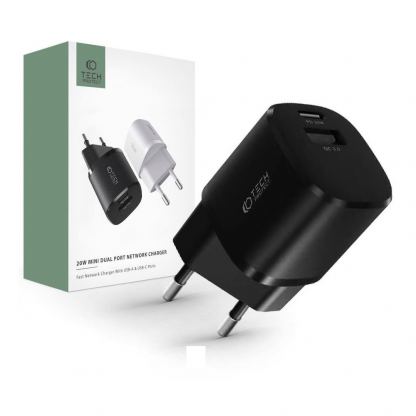 Захранване за ел. мрежа с USB-A и USB-C изходи и технология за бързо зареждане - Tech-Protect C20W Mini Fast Wall Charger 20W (черен) 3