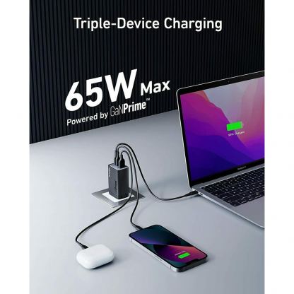 Захранване за ел. мрежа за лаптопи, смартфони и таблети с USB-A и 2xUSB-C изходи с технология за бързо зареждане (черен)  - Anker 735 GaN Prime III 65W 3