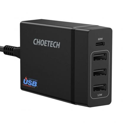 Захранване за ел. мрежа с 3xUSB-A и 1xUSB-C 60W изходи с технология за бързо зареждане - Choetech travel wall Charger 72W PD72-1C3U (черен) 2