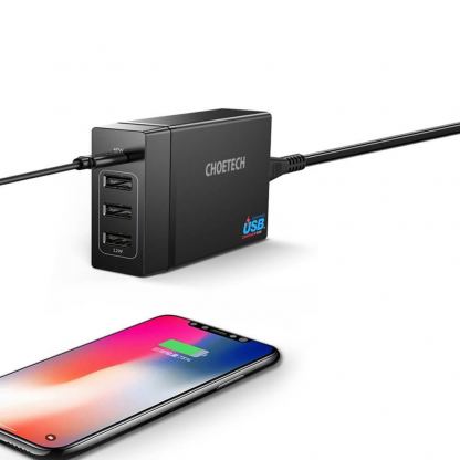 Захранване за ел. мрежа с 3xUSB-A и 1xUSB-C 60W изходи с технология за бързо зареждане - Choetech travel wall Charger 72W PD72-1C3U (черен) 3