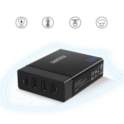 Захранване за ел. мрежа с 3xUSB-A и 1xUSB-C 60W изходи с технология за бързо зареждане - Choetech travel wall Charger 72W PD72-1C3U (черен) 4
