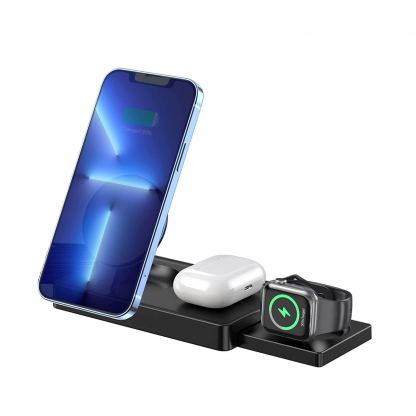 Тройна поставка (пад) за безжично зареждане за iPhone с Magsafe, Apple Watch, AirPods Pro и Qi съвместими мобилни устройства - JC 3-in-1 Magnetic Wireless Charger (черен) 2