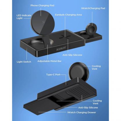 Тройна поставка (пад) за безжично зареждане за iPhone с Magsafe, Apple Watch, AirPods Pro и Qi съвместими мобилни устройства - JC 3-in-1 Magnetic Wireless Charger (черен) 4