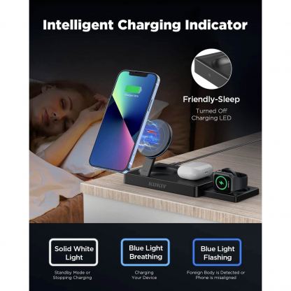 Тройна поставка (пад) за безжично зареждане за iPhone с Magsafe, Apple Watch, AirPods Pro и Qi съвместими мобилни устройства - JC 3-in-1 Magnetic Wireless Charger (черен) 5