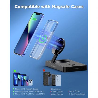 Тройна поставка (пад) за безжично зареждане за iPhone с Magsafe, Apple Watch, AirPods Pro и Qi съвместими мобилни устройства - JC 3-in-1 Magnetic Wireless Charger (черен) 7